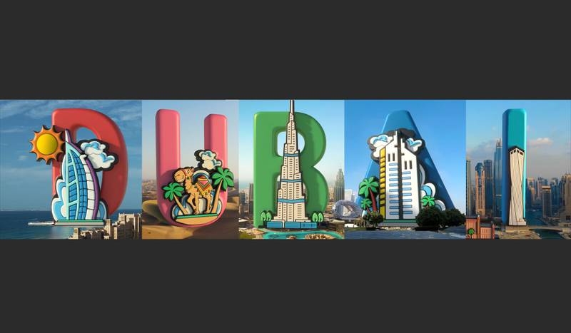 Гигантские магниты на холодильник возвышаются над горизонтом Дубая в новом цифровом видеопроекте